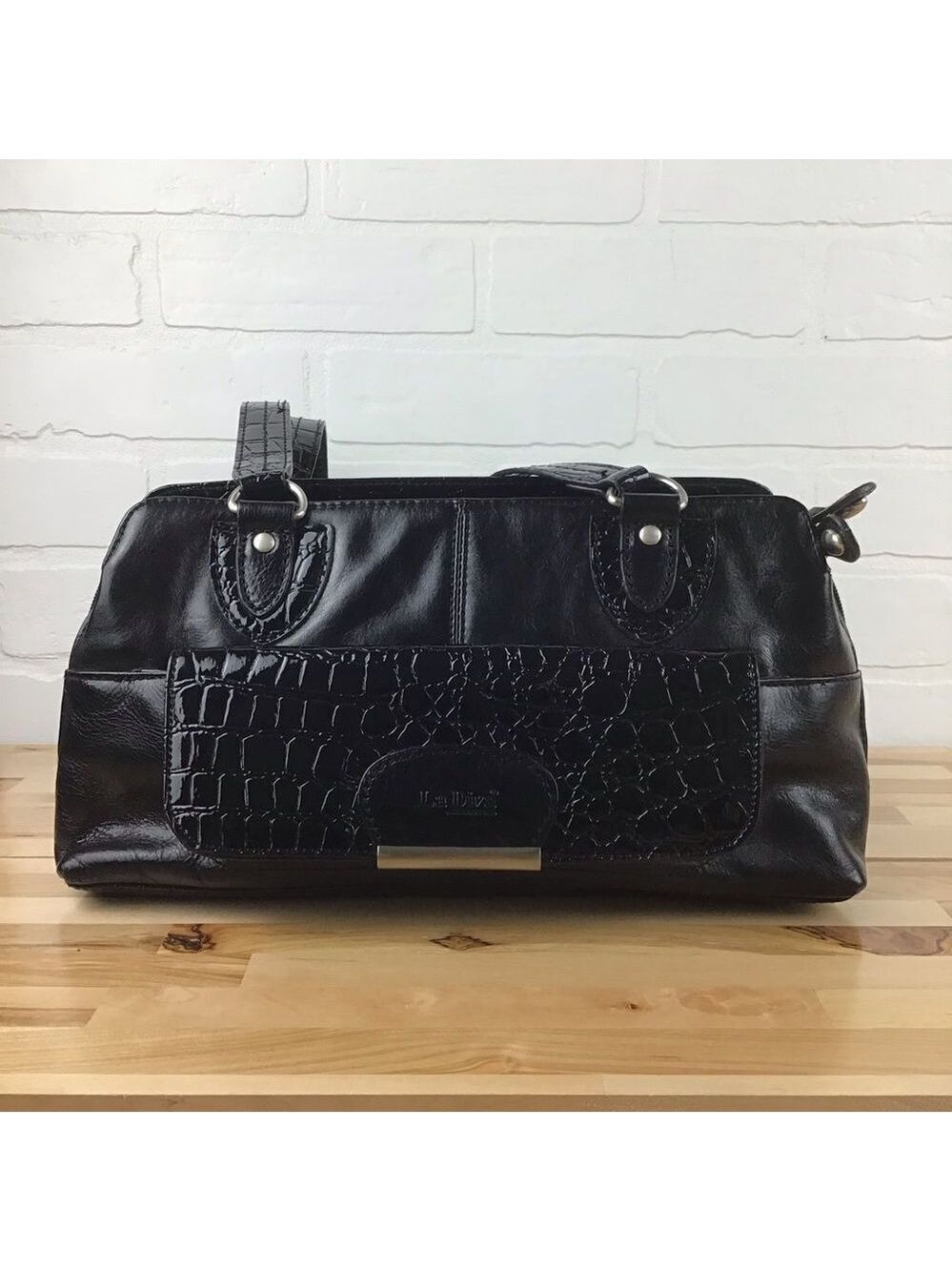 Classic Black Vegan Leather Shoulder Tote Satchel CrocAccent Large WorkBag Purse